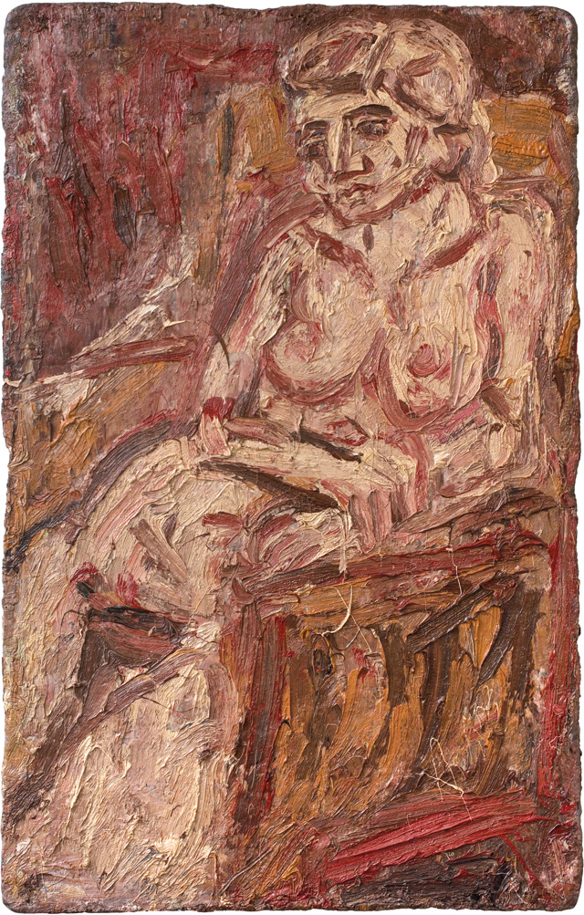 Leon Kossoff, Portrait of Fidelma, 1986. Oil on board, 124.5 × 80 cm. Private Collection, UK. Copyright Leon Kossoff. Image courtesy Piano Nobile, London.