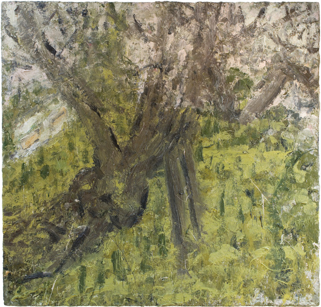 Leon Kossoff, Cherry Tree, and Tube Train 2007-08. Oil on board, 122.1 × 127 cm. Private collection, Europe. Copyright Leon Kossoff. Image courtesy Piano Nobile, London.