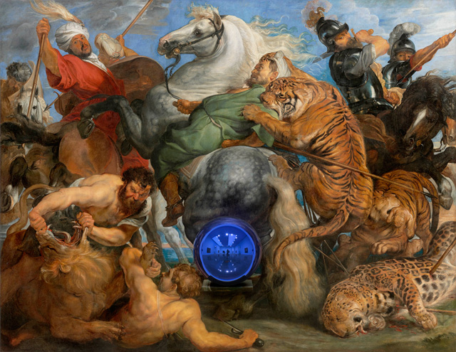 Jeff Koons. Gazing Ball (Rubens Tiger Hunt), 2015. Oil on canvas, glass, and aluminium, 163.8 x 211.1 x 37.5 cm. Collection of the artist. © Jeff Koons. Photo: Tom Powel Imaging. Courtesy Gagosian.