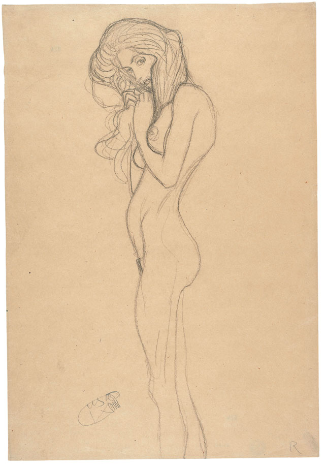 Gustav Klimt. Standing Female Nude (Study for the Three Gorgons, Beethoven Frieze), 1901. Black chalk on packing paper, 45.3 x 31 cm. The Albertina Museum, Vienna. Exhibition organised by the Royal Academy of Arts, London and the Albertina Museum, Vienna.