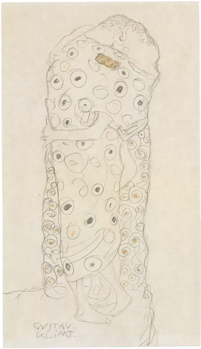 Gustav Klimt. Standing Lovers, 1907-08. Pencil, red crayon and gold paint on paper, 24.4 x 14 cm. The Albertina Museum, Vienna. The Batliner Collection. Exhibition organised by the Royal Academy of Arts, London and the Albertina Museum, Vienna.