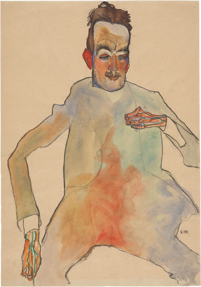 Egon Schiele. The Cellist, 1910. Black crayon and watercolour on packing paper, 44.7 x 31.2 cm. The Albertina Museum, Vienna. Exhibition organised by the Royal Academy of Arts, London and the Albertina Museum, Vienna.