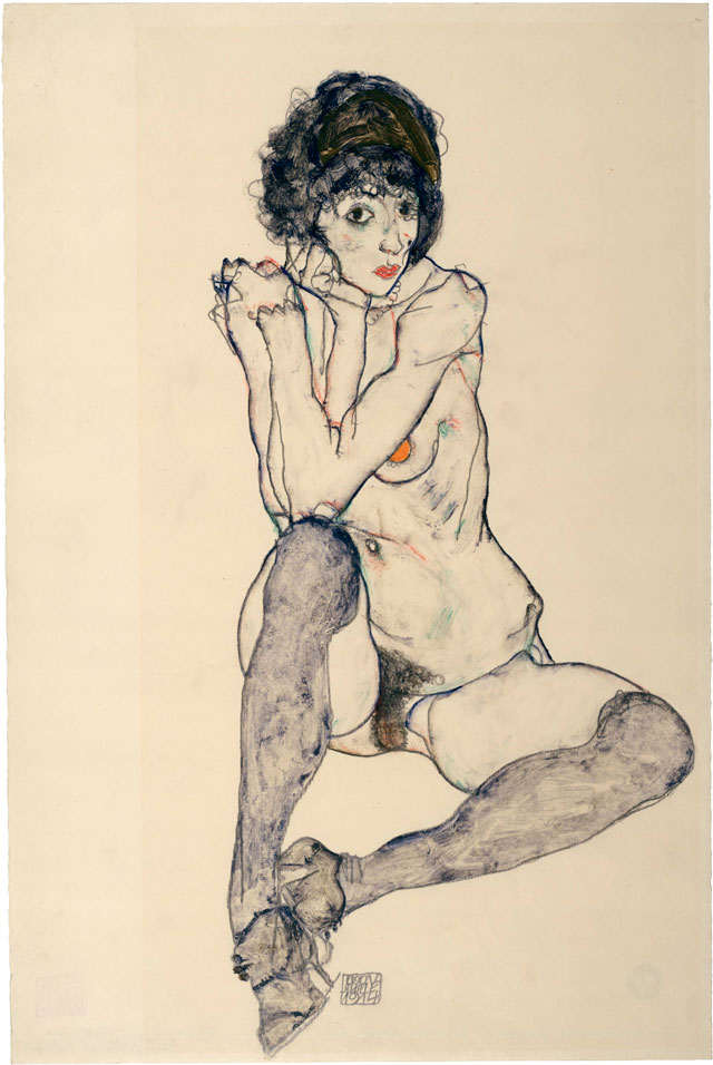 Egon Schiele. Seated Female Nude, Elbows Resting on Right Knee, 1914. Pencil and gouache on Japan paper, 48 x 32 cm. The Albertina Museum, Vienna. Exhibition organised by the Royal Academy of Arts, London and the Albertina Museum, Vienna.