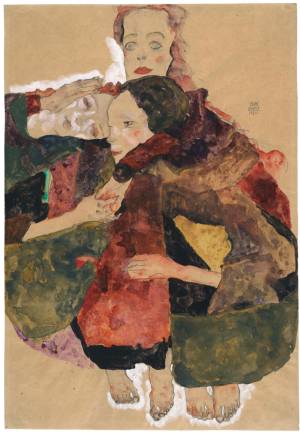 Egon Schiele. Group of Three Girls, 1911. Pencil, watercolour and gouache with white gouache heightening on packing paper, 44.7 x 30.8 cm. The Albertina Museum, Vienna. Exhibition organised by the Royal Academy of Arts, London and the Albertina Museum, Vienna.