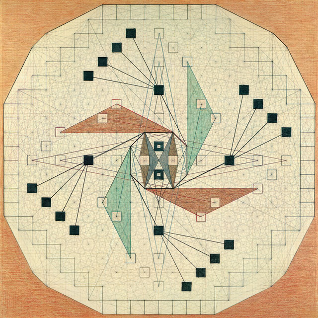 Emma Kunz. Work No. 004. Pencil, crayon and oil crayon on graph paper with brown lines, 104 × 104 cm. Courtesy Emma Kunz Centrum.