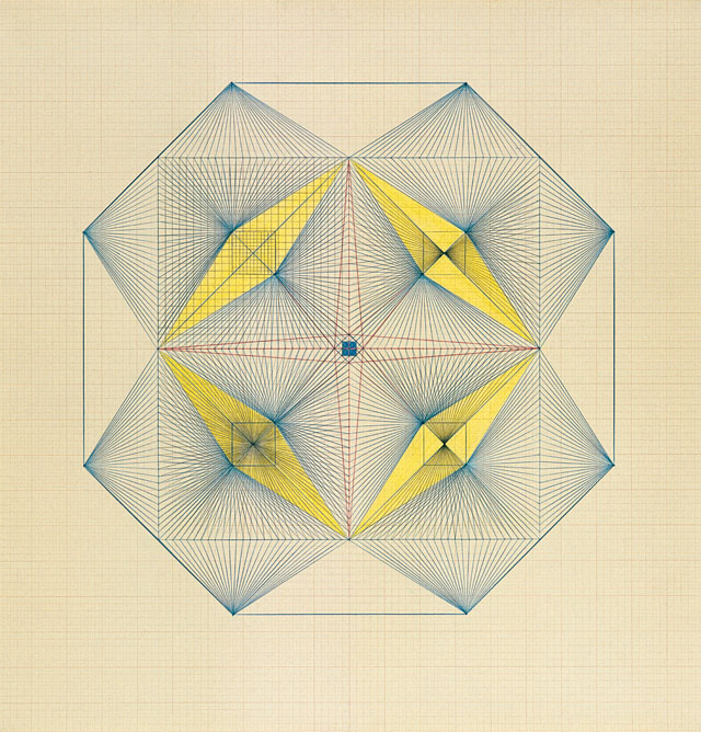 Emma Kunz. Work No. 117. Pencil and crayon on graph paper with brown lines, 104 × 104 cm. Courtesy Emma Kunz Centrum.