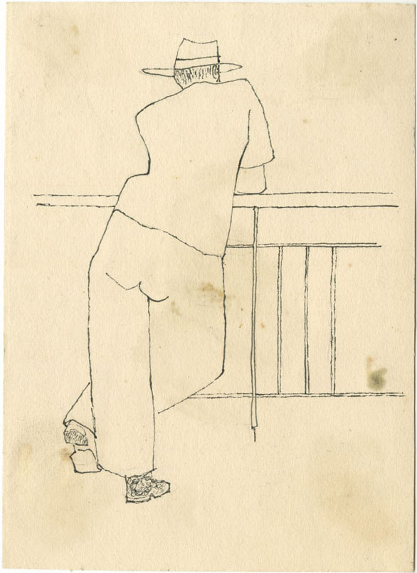 Alex Katz. Man with Hat Leaning on Balcony, c1940s. Black ink, 6 1/4 x 4 1/2 in. © Alex Katz / DACS, London / VAGA, New York. Courtesy Timothy Taylor 16×34.