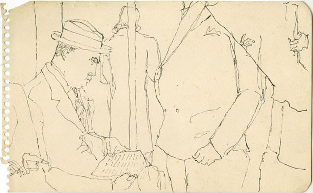 Alex Katz. Man with Newspaper on the Subway, c1940s. Black ink, 4 7/8 x 7 7/8 in. © Alex Katz / DACS, London / VAGA, New York. Courtesy Timothy Taylor 16×34.