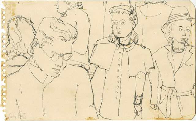 Alex Katz. Crowd on Subway, c1940s. Pen, 4 7/8 x 7 7/8 in. © Alex Katz / DACS, London / VAGA, New York. Courtesy Timothy Taylor 16×34.