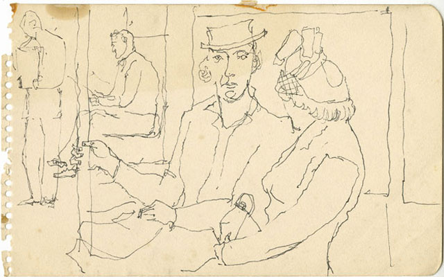 Alex Katz. Subway Scene Couple, c1940s. Black ink, 4 7/8 x 8 in. © Alex Katz / DACS, London / VAGA, New York. Courtesy Timothy Taylor 16×34.