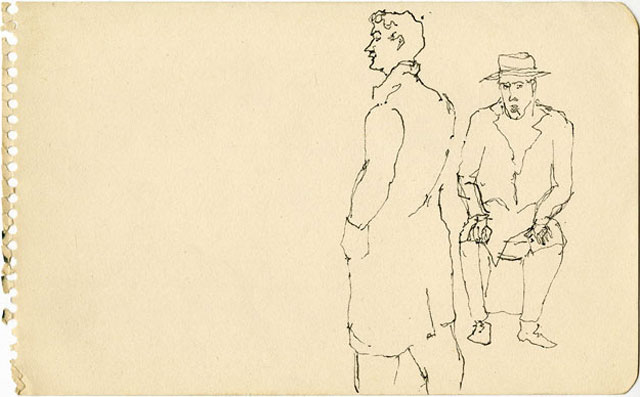 Alex Katz. Two Men, c1940s. Black ink, 8 x 5 in. © Alex Katz / DACS, London / VAGA, New York. Courtesy Timothy Taylor 16×34.