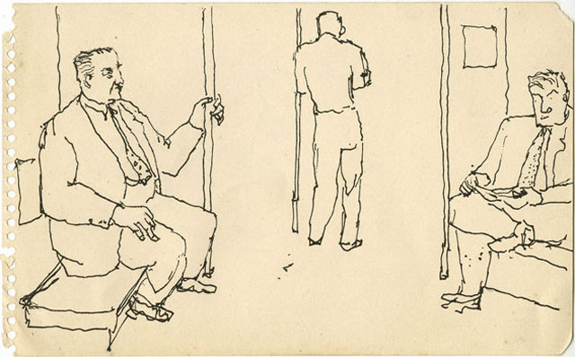 Alex Katz. Three Men on the Subway, c1940s. Black ink, 8 x 5 in. © Alex Katz / DACS, London / VAGA, New York. Courtesy Timothy Taylor 16×34.