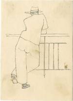 Alex Katz. Man with Hat Leaning on Balcony, c1940s. Black ink, 6 1/4 x 4 1/2 in. © Alex Katz / DACS, London / VAGA, New York. Courtesy Timothy Taylor 16×34.