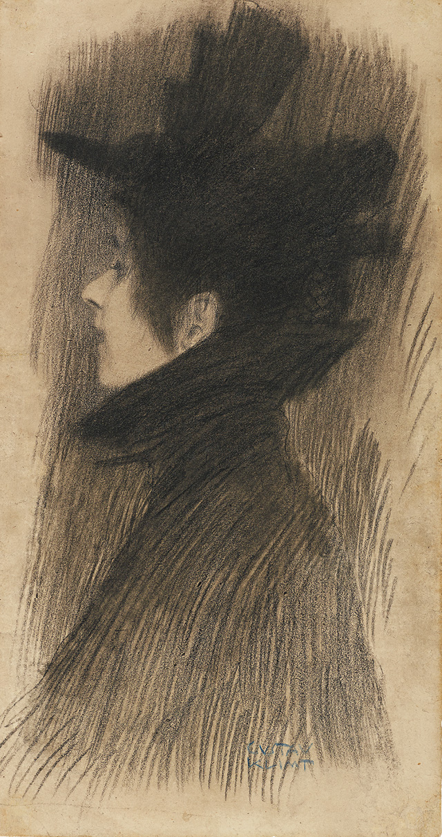 Gustav Klimt. Bust Portrait of a Young Lady with hat and cape in profile from the left. Charcoal, black chalk on brown paper, 42.3 × 22.6 cm. Leopold Museum, Vienna. Photo: Leopold Museum, Vienna/Manfred Thumberger.