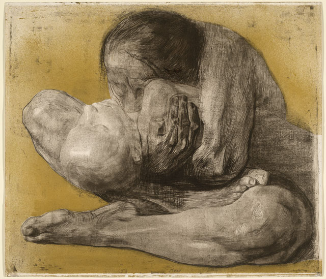 Käthe Kollwitz. Woman with Dead Child, 1903. Soft-ground etching with engraving overprinted lithographically with gold tone-plate. © The Trustees of the British Museum.