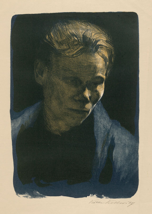 Käthe Kollwitz. Half-length of working woman in blue shawl, 1903. Lithograph. © The Trustees of the British Museum.
