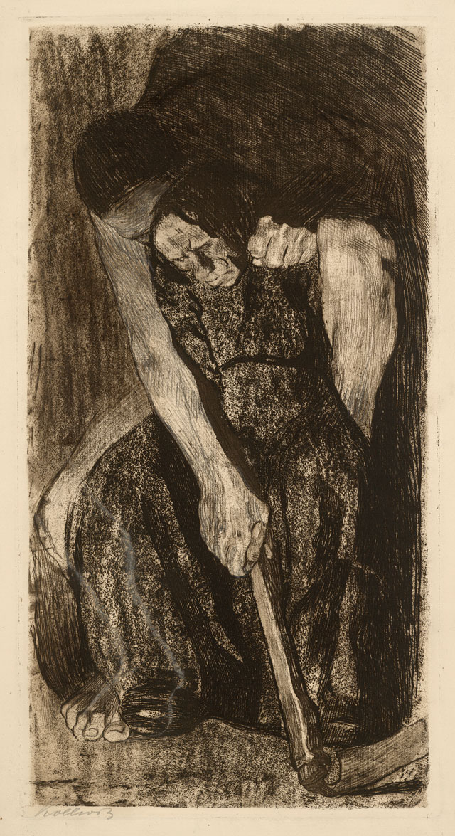 Käthe Kollwitz. Inspiration, 1904-5, (first version of plate 3). Etching and engraving touched with white heightening. © The Trustees of the British Museum.