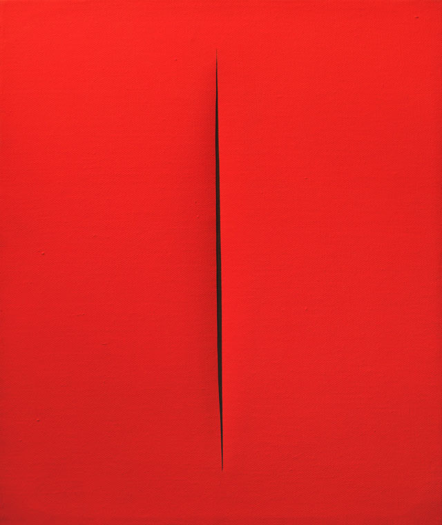 Lucio Fontana. Concetto Spaziale, Attesa, 1965. Waterpaint on canvas, red, 55 x 46 cm. Courtesy Mazzoleni.