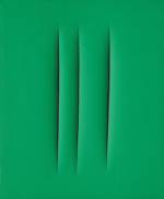 Lucio Fontana. Concetto Spaziale, Attese, 1967. Waterpaint on green canvas, 61 x 50 cm. Courtesy Mazzoleni.