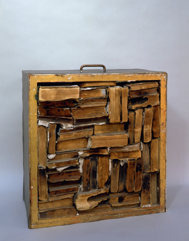 John Latham. Drawer with Charred Material, 1960. Drawer filled with books, plaster and vinyl, 55.9 x 55.9 x 27 cm. Collection of Nicholas Logsdail.