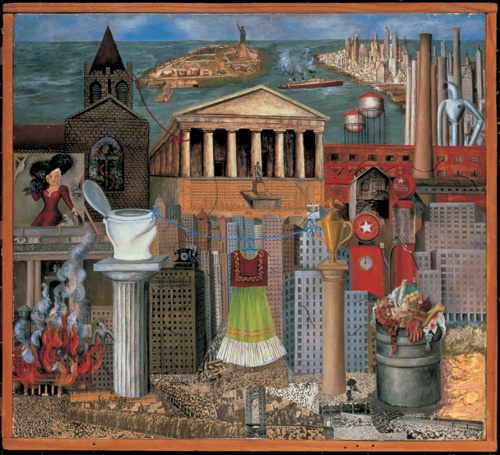 Frida Kahlo. My Dress Hangs There or New York, 1933. Oil and collage on masonite 460 x 500 mm. Private Collection © Banco de México and INBAL Mexico, 2005