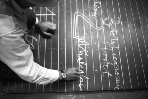 This photograph of Joseph Beuys was taken in the Demarco Gallery's Festival Performance space in the Forresthill Poorhouse, Edinburgh in the act of performing his Three Pot Action, 1974. Photograph: © Richard Demarco.