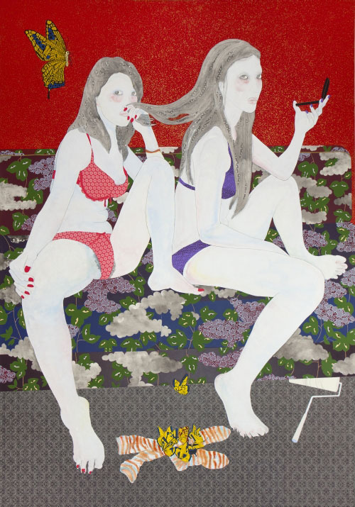 Kaoruko. Aroma Hair, 2011, Acrylic, silk screen and sumi on canvas, 110 x 78 in. Photograph: ayakamay.com