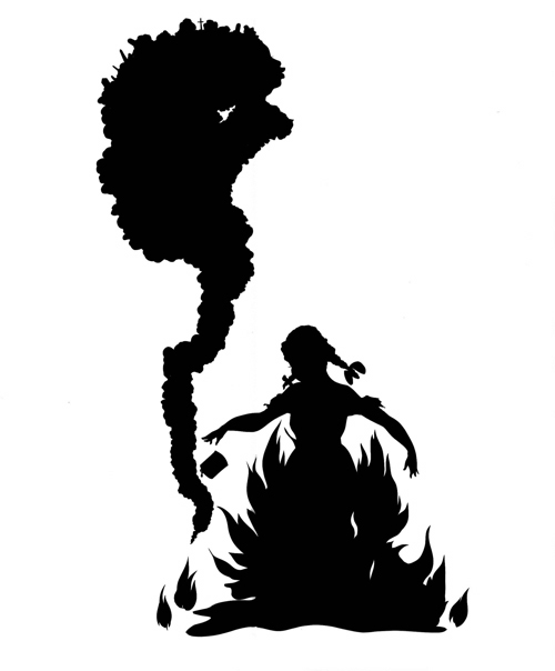 Kara Walker, <strong><em>Burn, </em></strong>1998. Cut paper and adhesive 92 x 48 in. Courtesy of Sikkema Jenkins & Co.