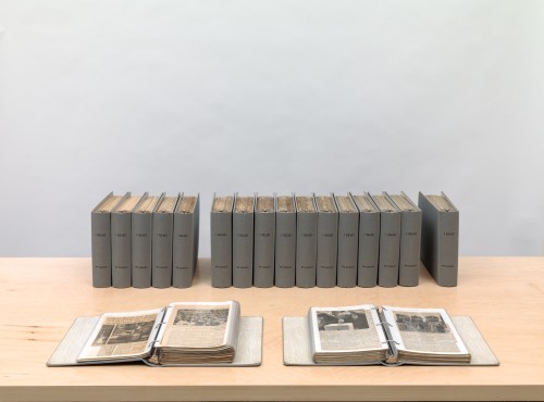 On Kawara. I Read, 1966-95. Clothbound loose-leaf binders with plastic sleeves and inserted printed matter. Eighteen volumes, 11 1/2 x 11 3/4 x 3 in (29.2 x 29.8 x 7.6 cm) each. Sleeve size: 11 x 8 1/2 in (27.9 x 21.6 cm). Inserts: Newspaper pasted on paper with ink additions, 11 x 8 1/2 in (27.9 x 21.6 cm) each. Front-page inserts: Newspaper with ink additions, 11 x 7 7/8 in (27.9 x 20 cm) each. Collection of the artist.