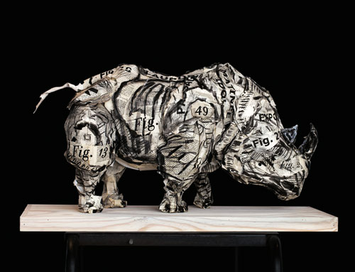 William Kentridge. Rhinoceros, 2007. Foamcore, glue, paper, charcoal, encyclopedia pages and printed pages, 37 x 65 x 30 cm (14 5/8 x 25 5/8 x 11 7/8 in). Collection of the artist, courtesy Marian Goodman Gallery, New York, and Goodman Gallery, Johannesburg.