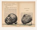 William Kentridge. Braz Cubas (Head and Stone), 2000. Lithographin black with watercolour, printed on page spreads from Memórias Póstumas de Brás Cubas by Machado de Assis (1881),  mounted on Velin Arches White 250 gsm paper 28.5 x 33 cm (11 ¼ x 13 in). Edition of 28. Printed by Paul Emmanuel, The Artists’ Press, published by the artist. Collection of the artist, courtesy Marian Goodman Gallery, New York, and Goodman Gallery Johannesburg.