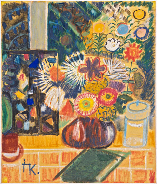 Ida Kerkovius. Blumenstillleben mit Glasfenster (Still life with flowers and window), c1955. Pastel and mixed media on cream paper, 59.1 x 50.1 cm. Collection Prof. Dr. Gerhard Kluge. Photograph: Kunstsammlungen Chemnitz/László Tóth. © Kerkovius family archive, Wendelstein 2014.