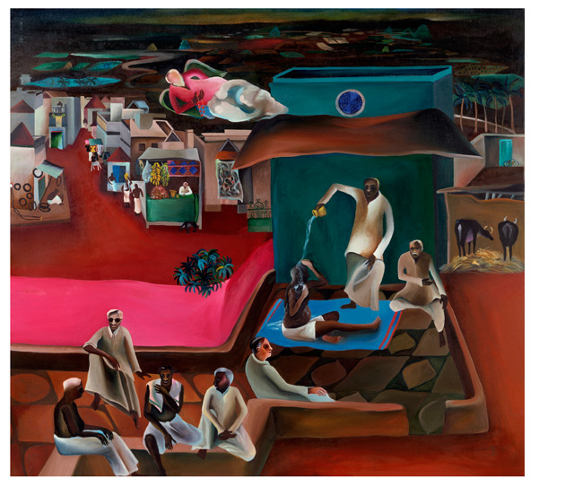 Bhupen Khakhar. Death in the Family, 1977. Oil paint on canvas. Victoria and Albert Museum. © The Estate of Bhupen Khakhar.
