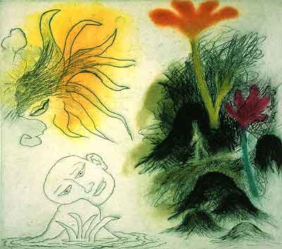 Ken Kiff. Walking Past Rocks and Flowers, 1996. Drypoint and aquatint, 31.0 x 35.0 cm. Edition of 35.