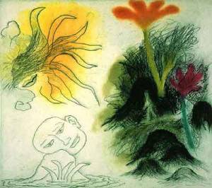 Ken Kiff. Walking Past Rocks and Flowers, 1996. Drypoint and aquatint, 31.0 x 35.0 cm. Edition of 35.