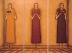 Kim Thomas. <em>Potluck Ladies: Dessert, Congealed Salad, Casserole</em>. 24 x 54 each (3 individuals in the triptych). Acrylic.