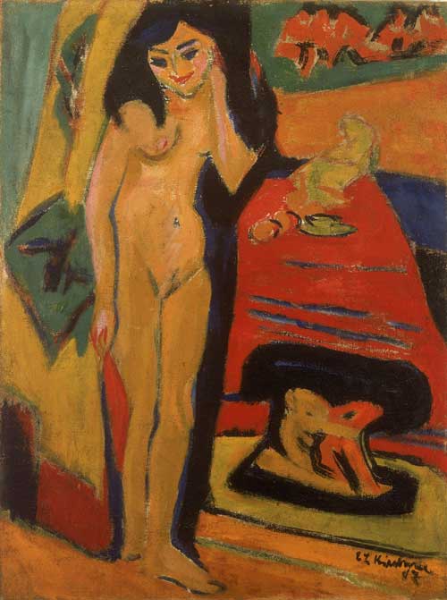 Ernst LUDWIG KIRCHNER, 'Nacktes Mädchen hinter Vorhang (Fränzi)', 
        1910/1926. Oil on canvas, 120 x 90 cm. Stedelijk Museum Amsterdam