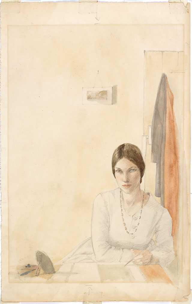 Winifred Knights. Self-portrait sketching at a table, c1916. Watercolour over pencil on paper, 38.5 x 24 cm. Private collection. © The Estate of Winifred Knights.