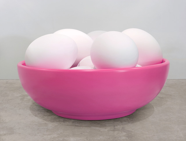 Jeff Koons. Bowl with Eggs (Pink), 1994-2009. Polyethylene, 67 x 126 3/4 x 126 3/4 in (170.2 x 321.9 x 321.9 cm), five unique versions (Blue, Pink, Yellow, Orange, Green). © Jeff Koons.