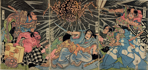 Utagawa Kuniyoshi, <em>Minamoto no Raiko and His Retainers Battle with the Earth Spider</em>, early 1820’s.  Colour woodblock print, Right: 14 1/2 x 10 1/8 in., Centre:14 1/2 x 10 1/8 in., Left:14 1/2 x 10 1/8 in. American Friends of The British Museum (The Arthur R. Miller Collection) 20904. Photo © Trustees of The British Museum.