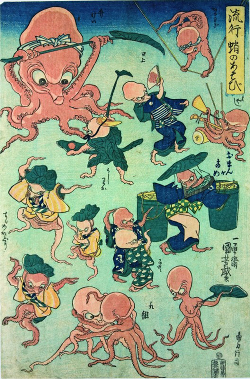 Utagawa Kuniyoshi, <em>Octopus Games</em>, 1840–42. Colour woodblock print, 14 1/2 x 9 5/8 in. American Friends of The British Museum (The Arthur R. Miller Collection) 21402. Photo © Trustees of The British Museum.    