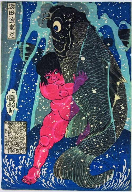 Utagawa Kuniyoshi, <em>Sakata Kaidomaru Wrestles with a Giant Carp</em>, <em>c</em>. 1837. Colour woodblock print, 15 x 10 1/4 in. American Friends of The British Museum (The Arthur R. Miller Collection) 21215. Photo © Trustees of The British Museum.