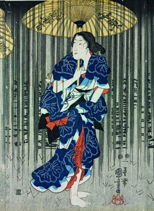 Utagawa Kuniyoshi, <em>Woman with Umbrella in a Summer Shower </em>(detail), 1849–51. Colour woodblock print, 14 ¼ x 9 ½ in. American Friends of The British Museum (The Arthur R. Miller Collection) 18615. Photo © Trustees of The British Museum.