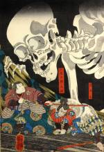 Utagawa Kuniyoshi, <em>Mitsukuni Defies a Skeleton Spectre</em>, 1845–46. Colour woodblock print, 14 5/6 x 29 7/8 in. The British Museum, JA 1915.8-23.0915, 0916. Photo © Trustees of The British Museum.