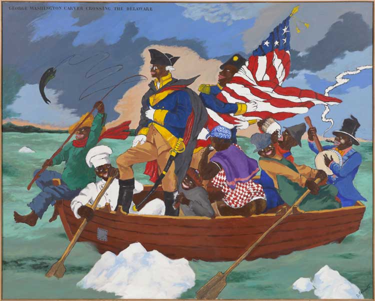 Robert Colescott, George Washington Carver Crossing the Delaware: Page from an American History Textbook, 1975. Acrylic on canvas, 78 1/2 x 98 1/4 in (198.1 x 248.9 cm). Lucas Museum of Narrative Art, Los Angeles © 2025 The Robert H. Colescott Separate Property Trust / Artists Rights Society (ARS), New York.