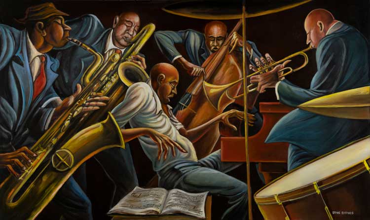 Ernie Barnes, Quintet, c1989. Acrylic on canvas. 36 x 60 inches (91.4 x 152.4 cm). Photo : Courtesy Lucas Museum of Narrative Art, Los Angeles.