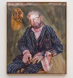 Kati Heck, Lieber F.,, 2026. Oil and kitchentowel on canvas, artist frame with metal plates and spoon, 123 x 103 x 6.4 cm (48 ⅜ x 40 ½ x 2 ½ in). © Kati Heck. Courtesy the Artist and Sadie Coles HQ, London. Photo: Pieter Huybrechts.