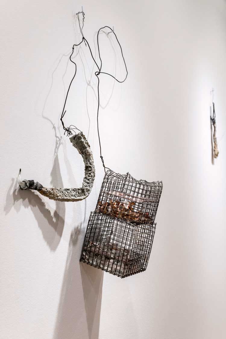 Gillian Lowndes, Hook Figure with Cage, 1991. 75 x 60 x 23 cm. Collection of Ben Auld. Installation view, Gillian Lowndes: Radical Clay, Holburne Museum, Bath, 2024. Photo: Jo Hounsome Photography.