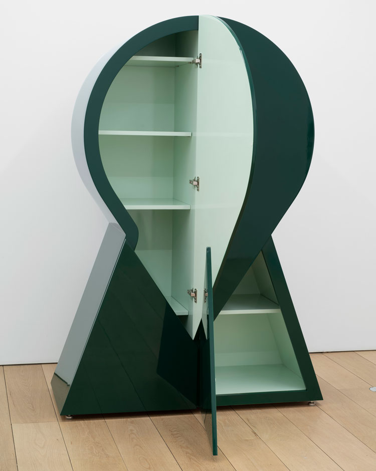 Ryan Preciado. Pope Cabinet, 2021. MDF, plywood with bench, auto paint, 70 × 48 5/8 × 20 5/8 in (177.8 × 123.5 × 52.4 cm). Collection of Christina Heekyung Kang.
