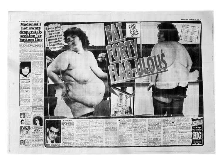 Sarah Lucas Fat, Forty and Flab-ulous 1990. Collection Museum of Contemporary Art Chicago, Gift of the D.Daskalopoulos Collection donated jointly to the Museum of Contemporary Art Chicago and the Solomon R. Guggenheim Museum, 2022. Courtesy the artist and Sadie Coles HQ, London. © Sarah Lucas.